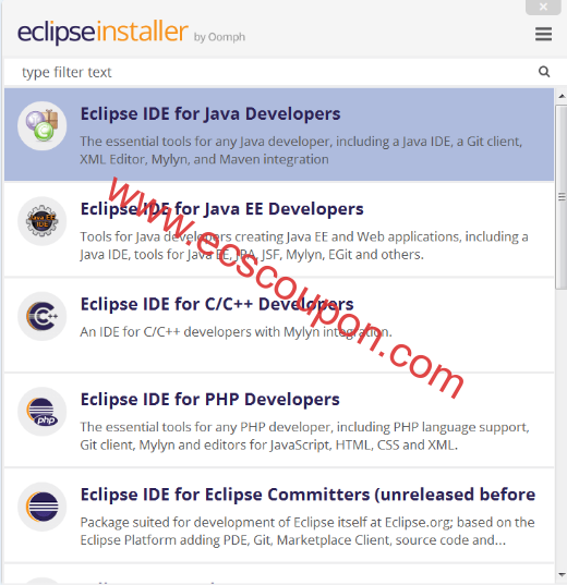 要安装的Eclipse IDE列表
